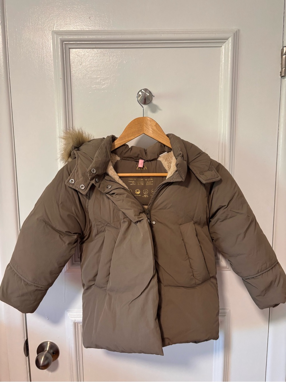 Zara Kids Taupe Puffer Coat with Faux Fur Hood